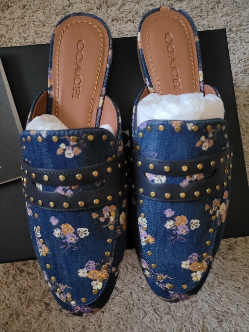 NIB Coach Faye Denim Floral Mules/Shoes - 9B